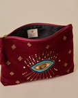 Embroidered Evil Eye Maroon Velvet Travel Pouch