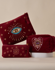 Embroidered Evil Eye Maroon Velvet Utility Pouches - Set of 3