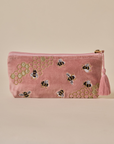 Embroidered Bumble Bee Pink Velvet Pencil Pouch