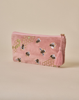 Embroidered Bumble Bee Pink Velvet Pencil Pouch