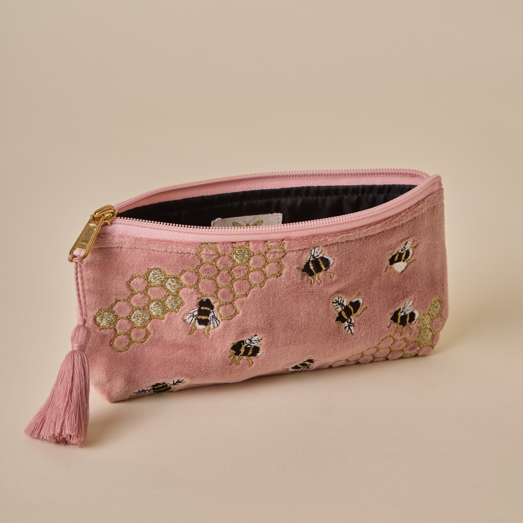 Embroidered Bumble Bee Pink Velvet Pencil Pouch