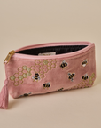 Embroidered Bumble Bee Pink Velvet Pencil Pouch