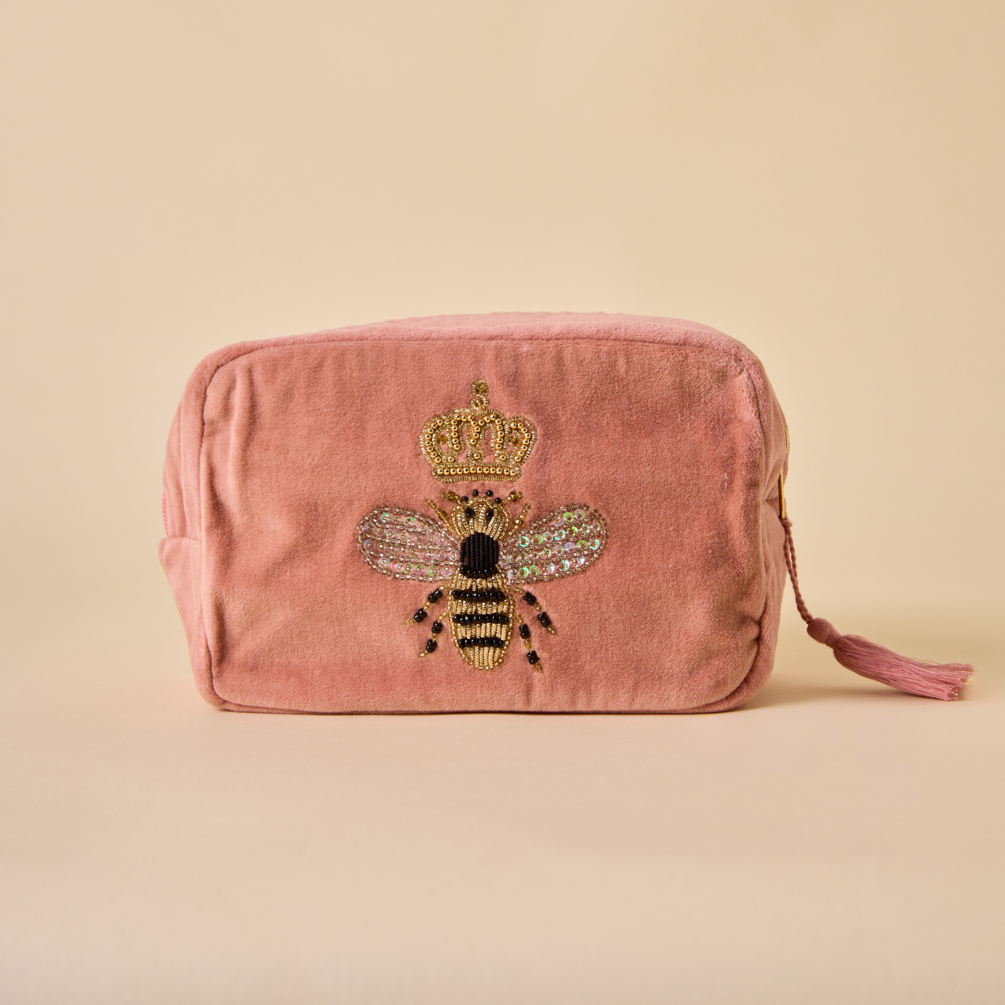 Embroidered Bumble Bee Pink Velvet Utility Pouches - Set of 3