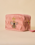 Embroidered Bumble Bee Pink Velvet Makeup Pouch