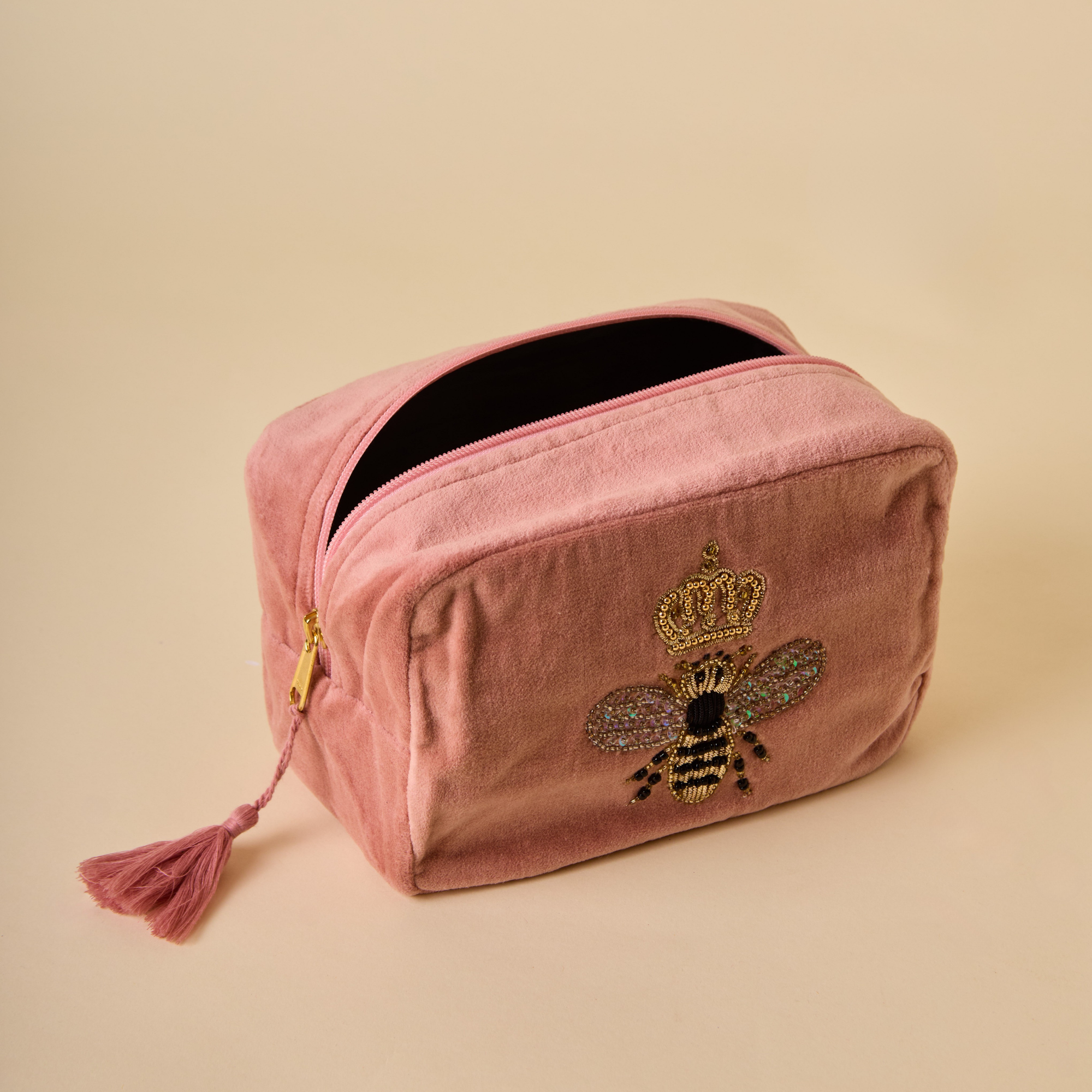 Embroidered Bumble Bee Pink Velvet Makeup Pouch