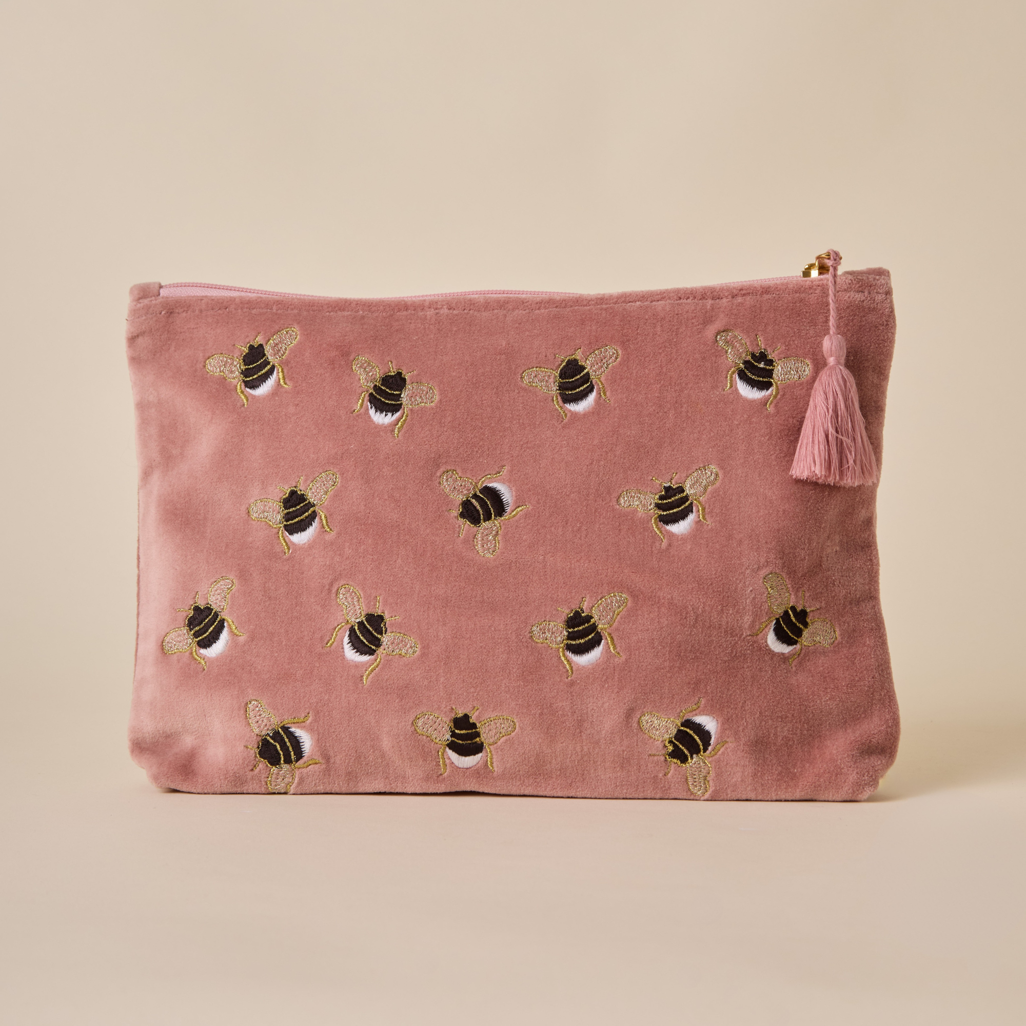 Embroidered Bumble Bee Pink Velvet Utility Pouches - Set of 3