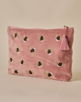 Embroidered Bumble Bee Pink Velvet Travel Pouch