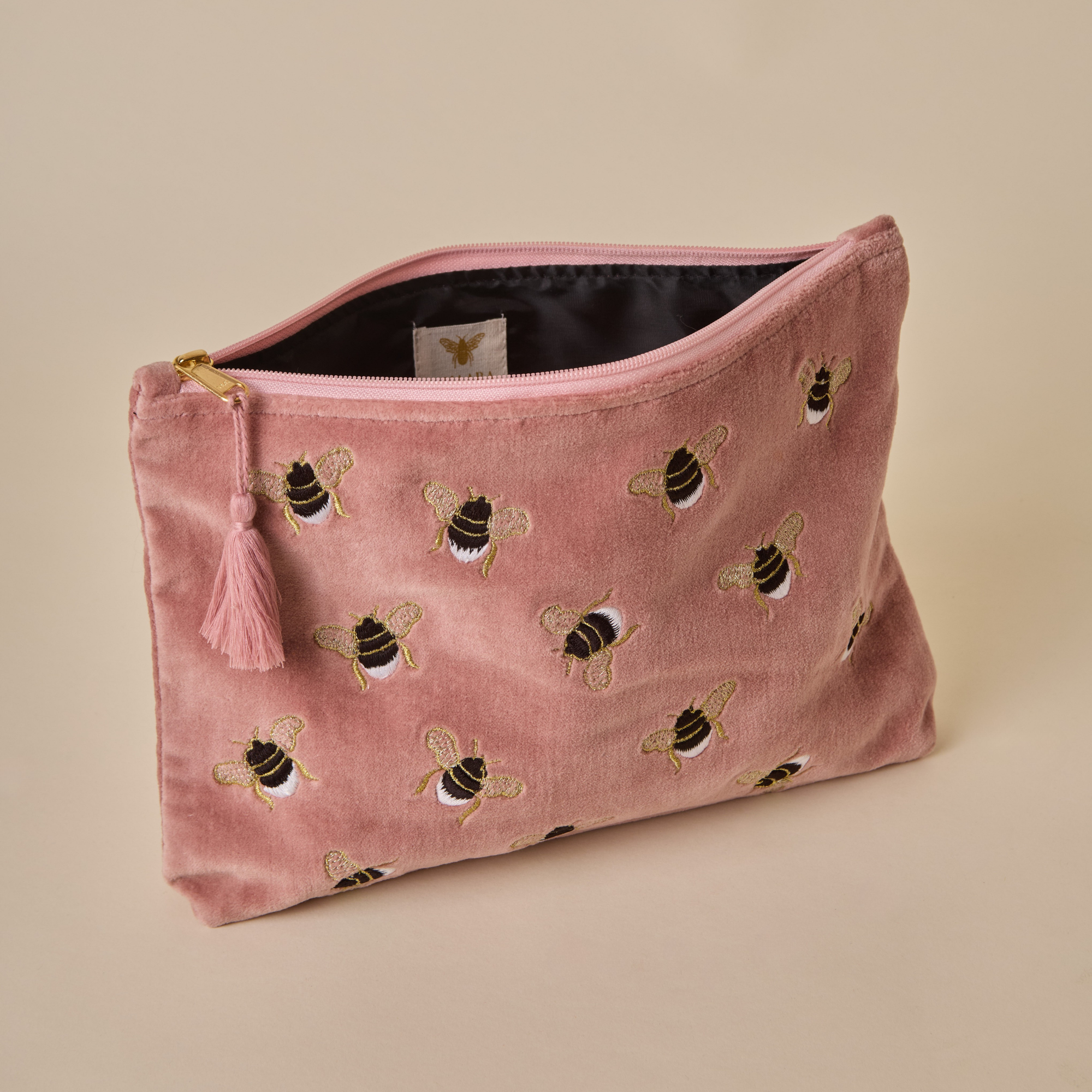 Embroidered Bumble Bee Pink Velvet Travel Pouch