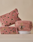 Embroidered Bumble Bee Pink Velvet Utility Pouches - Set of 3