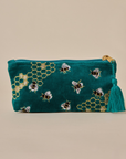 Embroidered Bumble Bee Teal Velvet Pencil Pouch