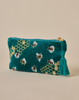 Embroidered Bumble Bee Teal Velvet Pencil Pouch