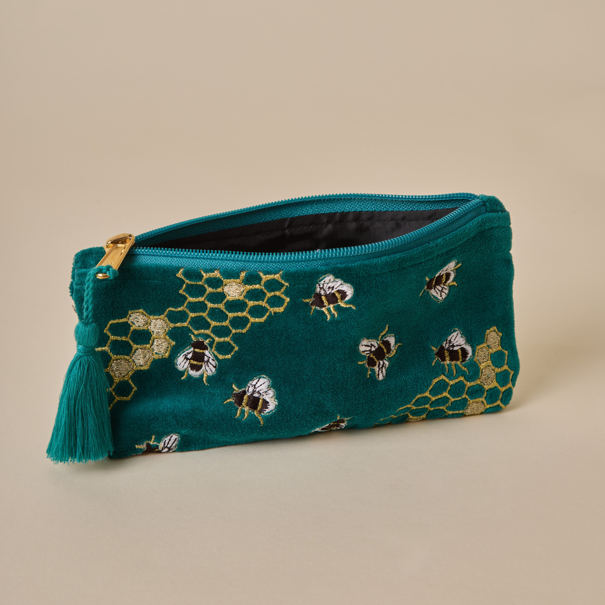 Embroidered Bumble Bee Teal Velvet Pencil Pouch