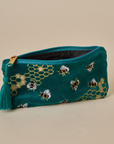 Embroidered Bumble Bee Teal Velvet Pencil Pouch