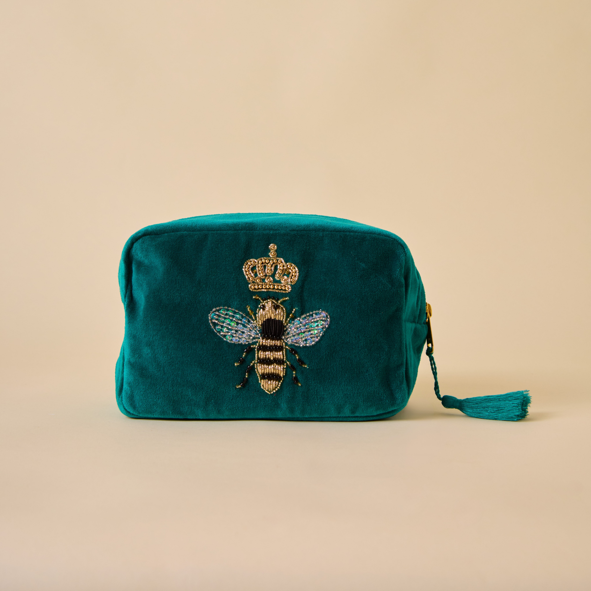 Embroidered Bumble Bee Teal Velvet Utility Pouches - Set of 3