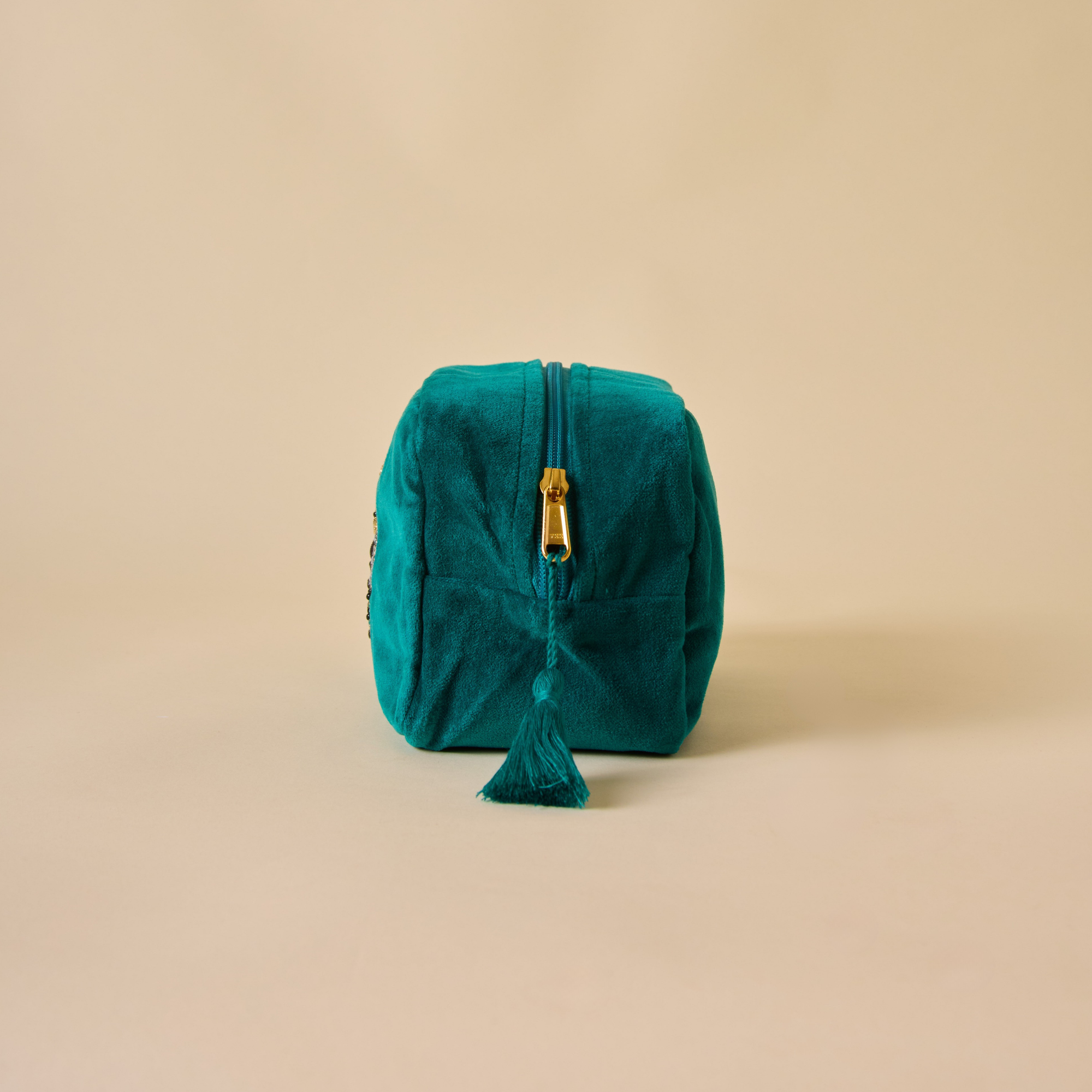 Embroidered Bumble Bee Teal Velvet Makeup Pouch