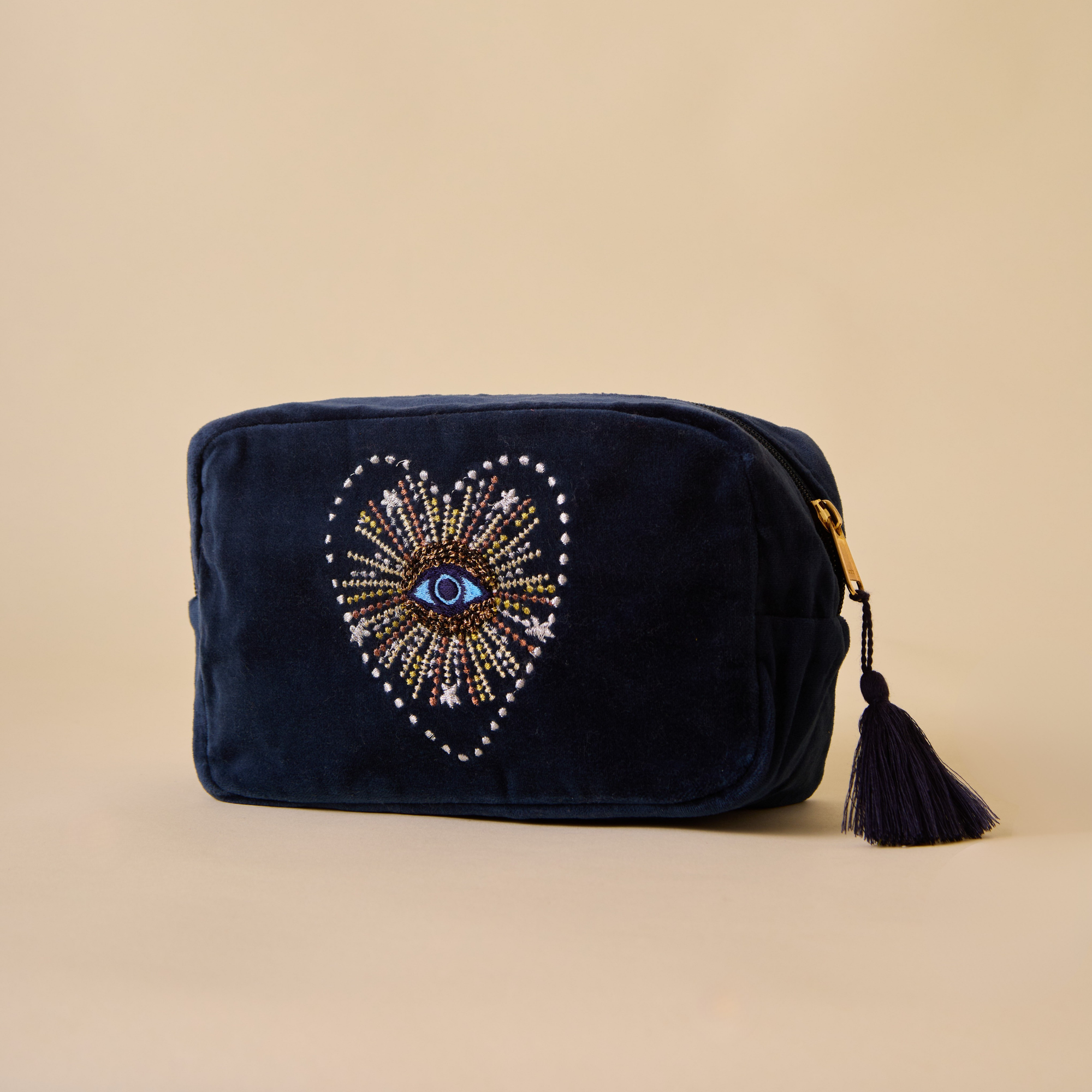 Embroidered Evil Eye Navy Blue Velvet Utility Pouches - Set of 3