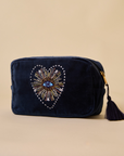 Embroidered Evil Eye Navy Blue Velvet Makeup Pouch