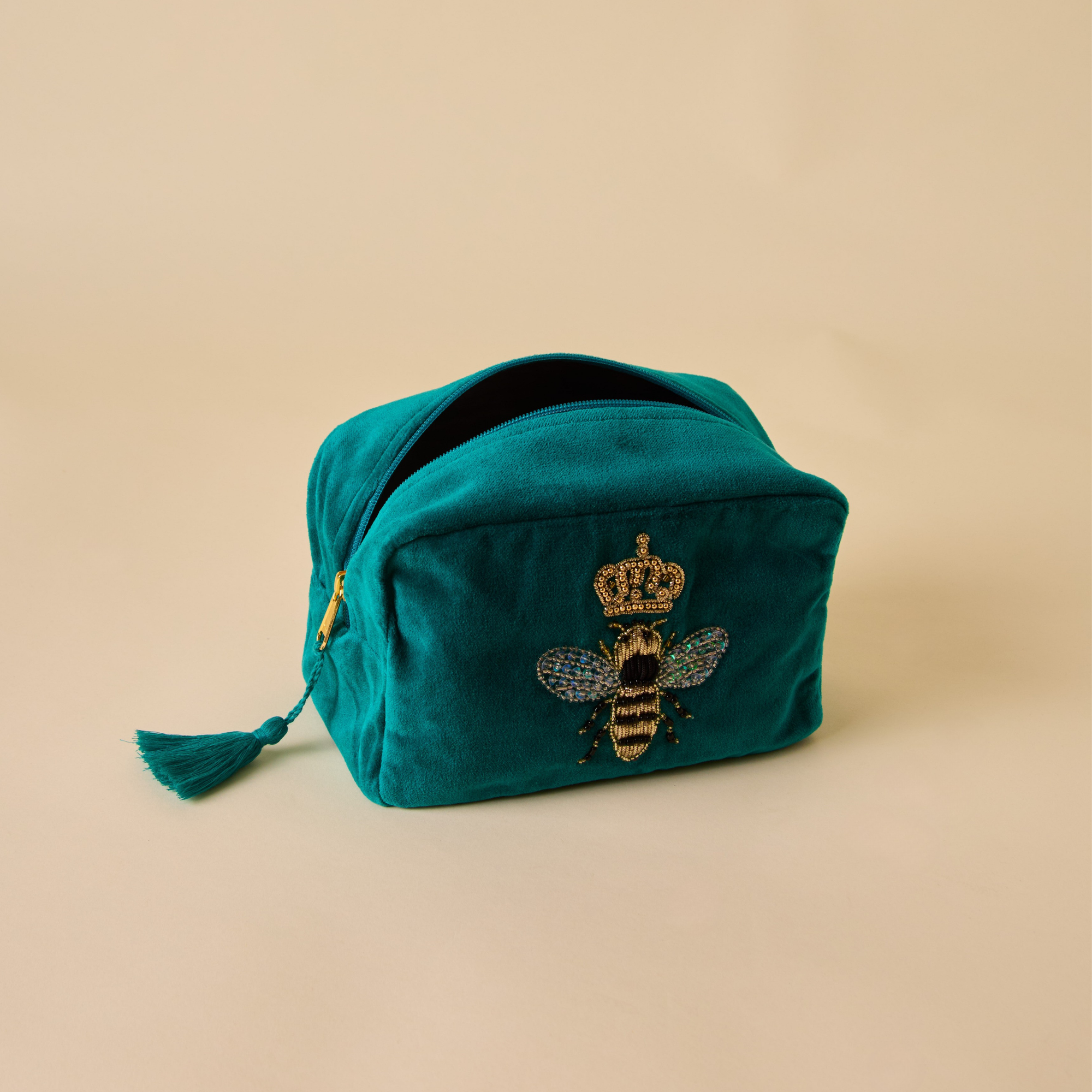 Embroidered Bumble Bee Teal Velvet Makeup Pouch