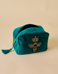 Embroidered Bumble Bee Teal Velvet Makeup Pouch