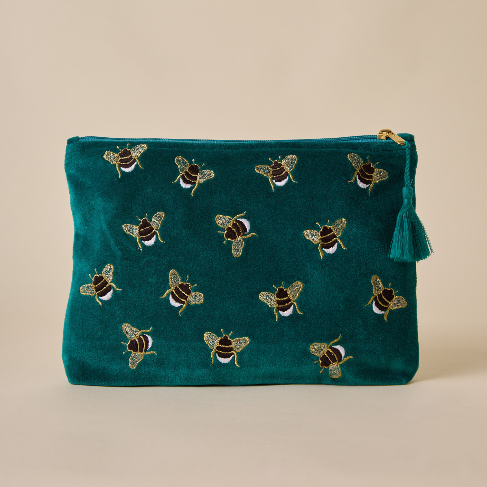 Embroidered Bumble Bee Teal Velvet Utility Pouches - Set of 3