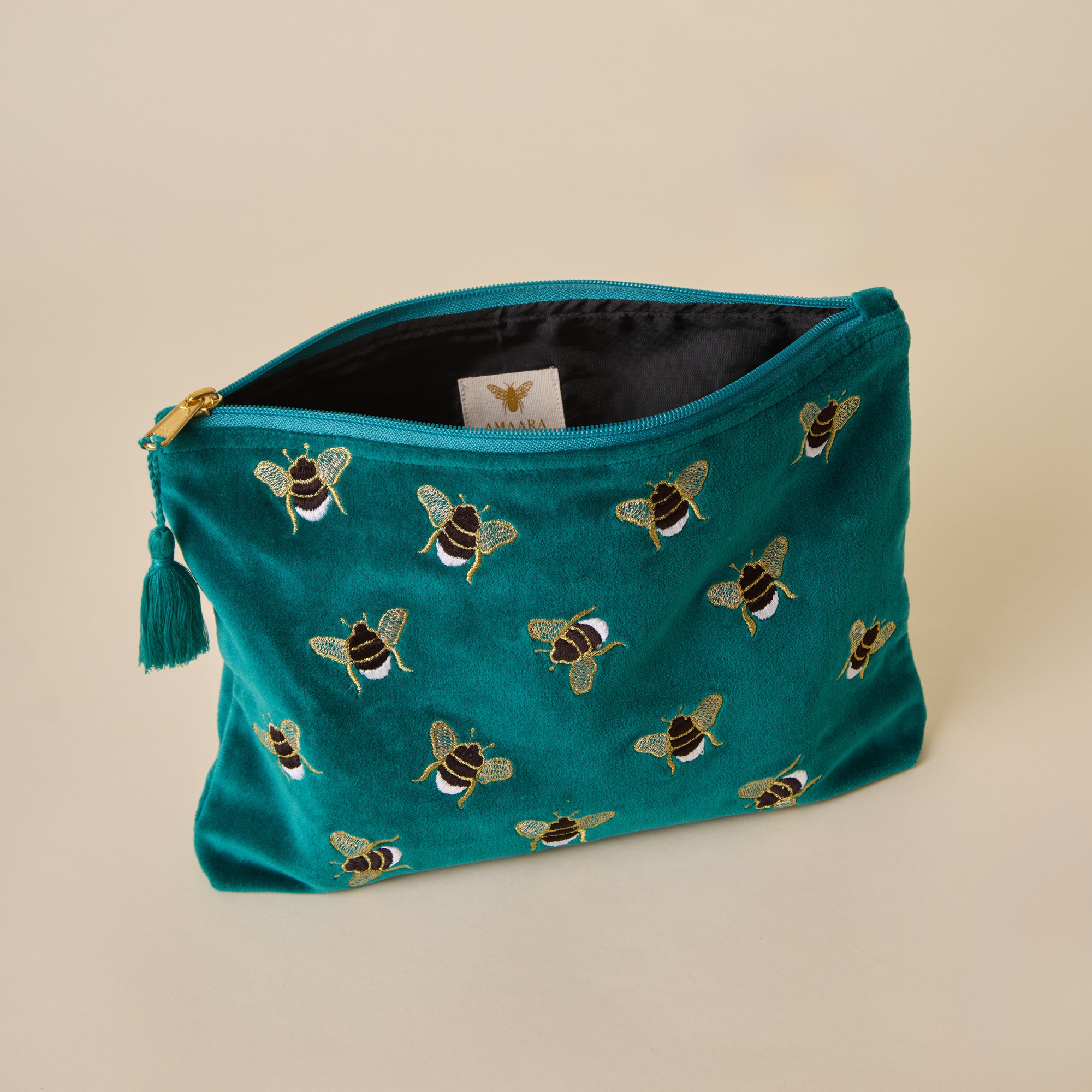 Embroidered Bumble Bee Teal Velvet Travel Pouch