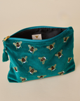 Embroidered Bumble Bee Teal Velvet Travel Pouch