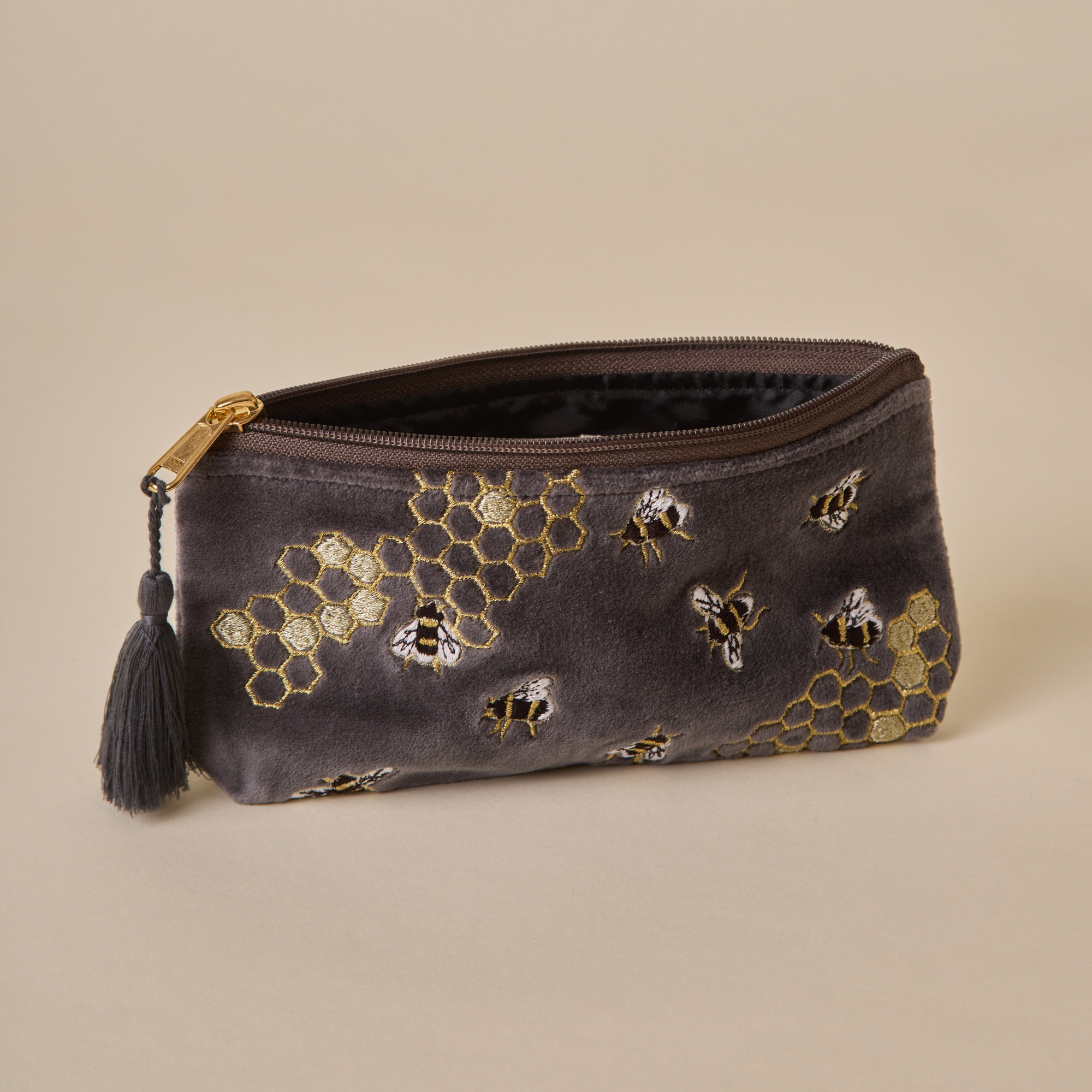 Embroidered Bumble Bee Grey Velvet Pencil Pouch