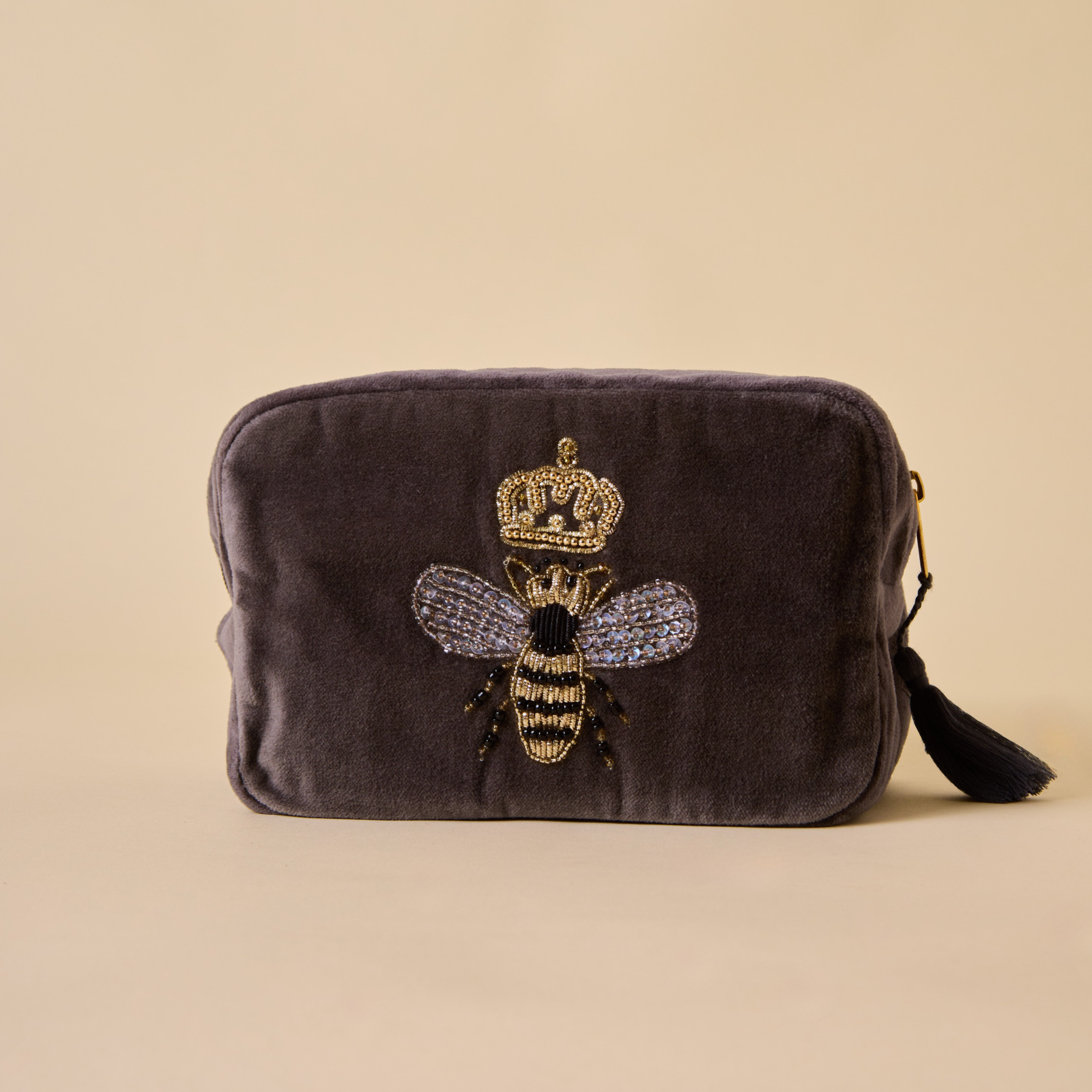Embroidered Bumble Bee Grey Velvet Utility Pouches - Set of 3