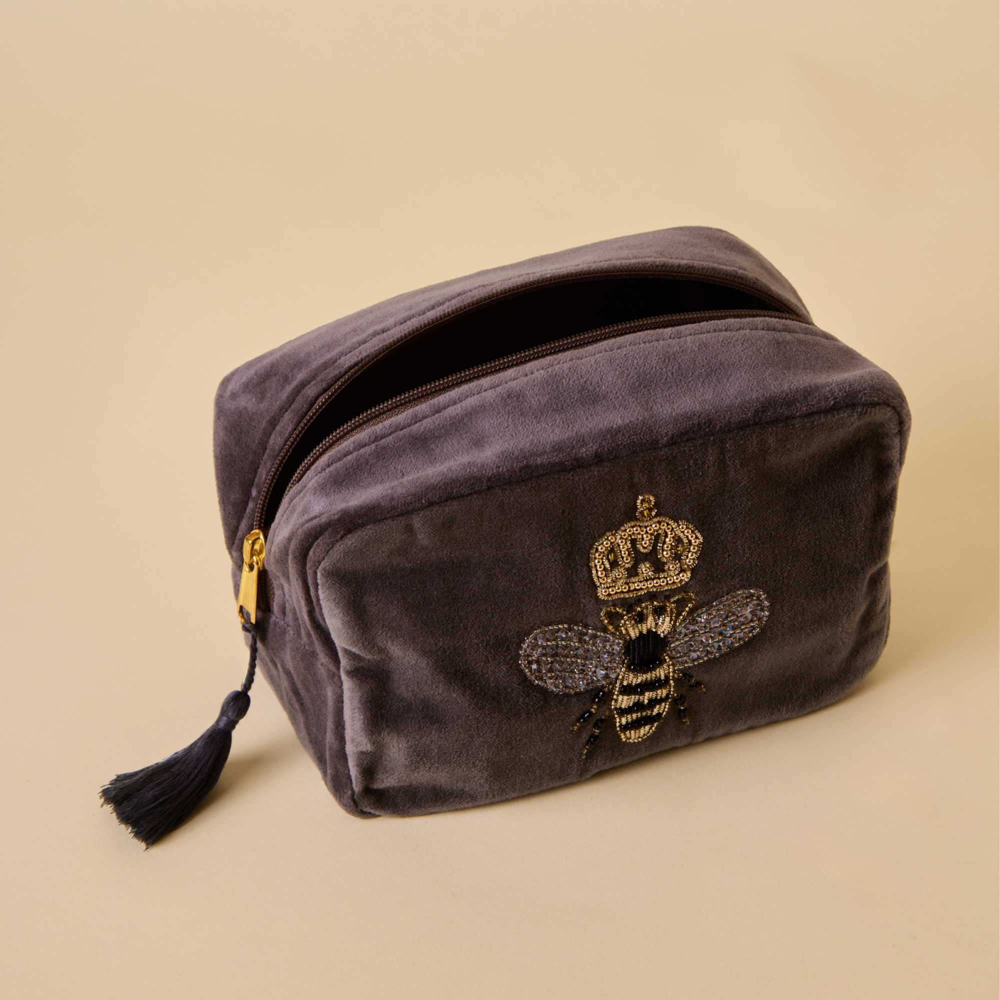 Embroidered Bumble Bee Grey Velvet Makeup Pouch