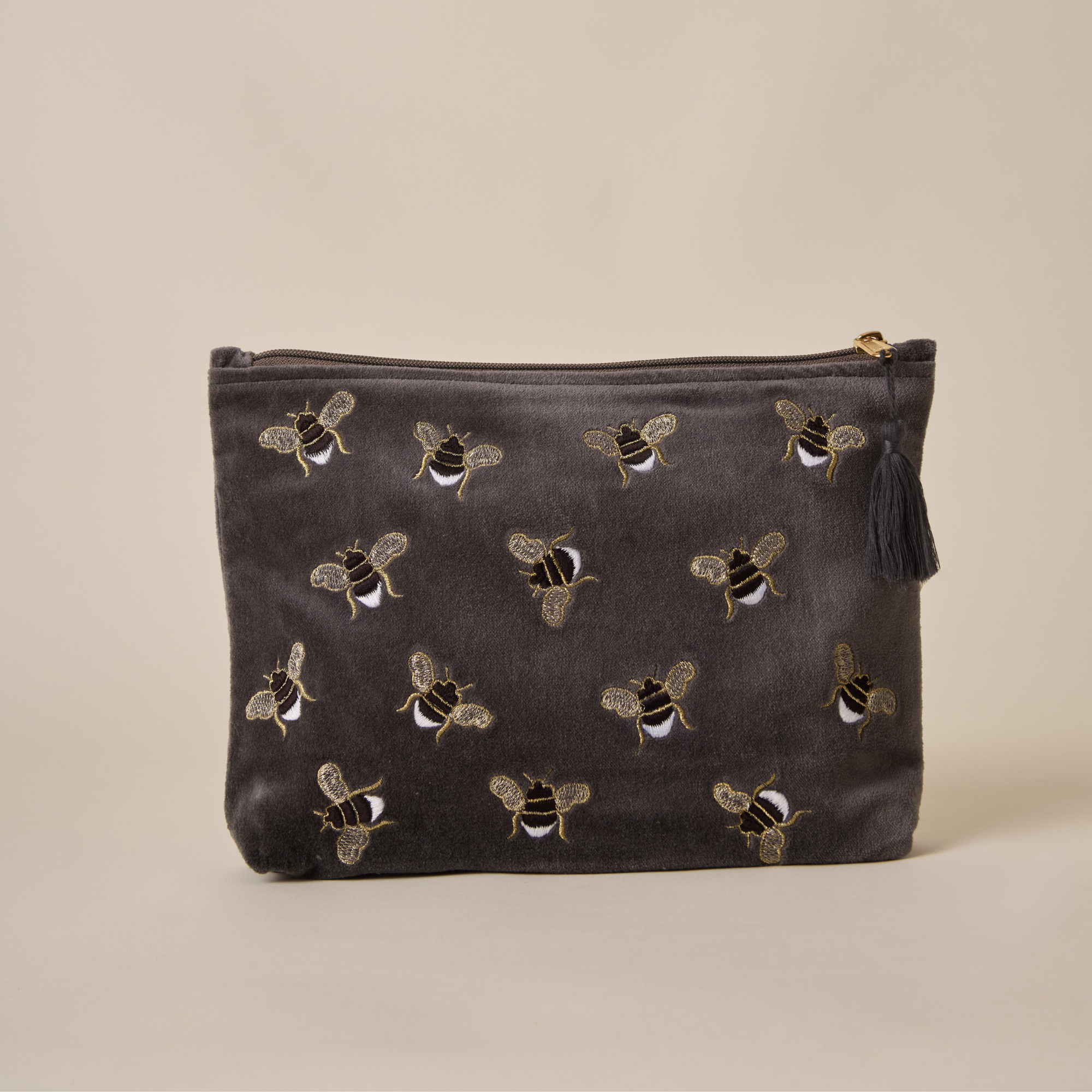 Embroidered Bumble Bee Grey Velvet Utility Pouches - Set of 3