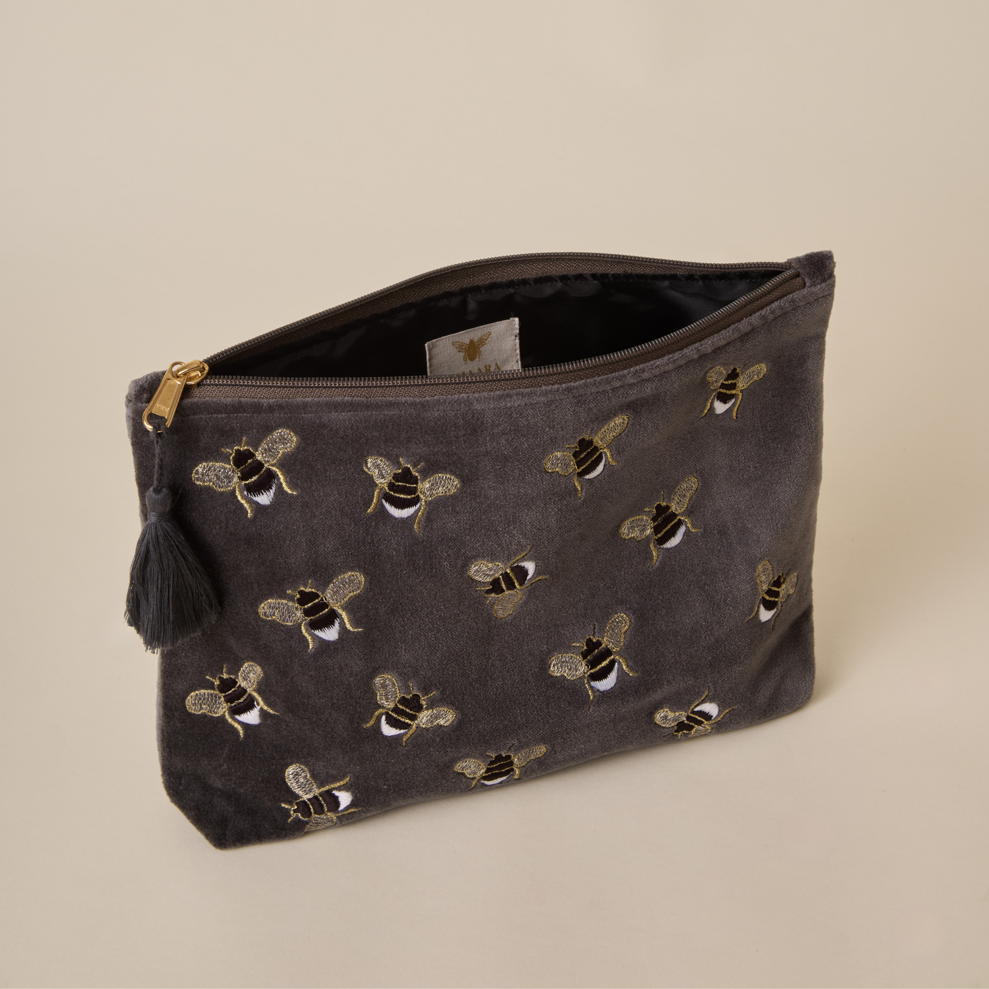 Embroidered Bumble Bee Grey Velvet Travel Pouch