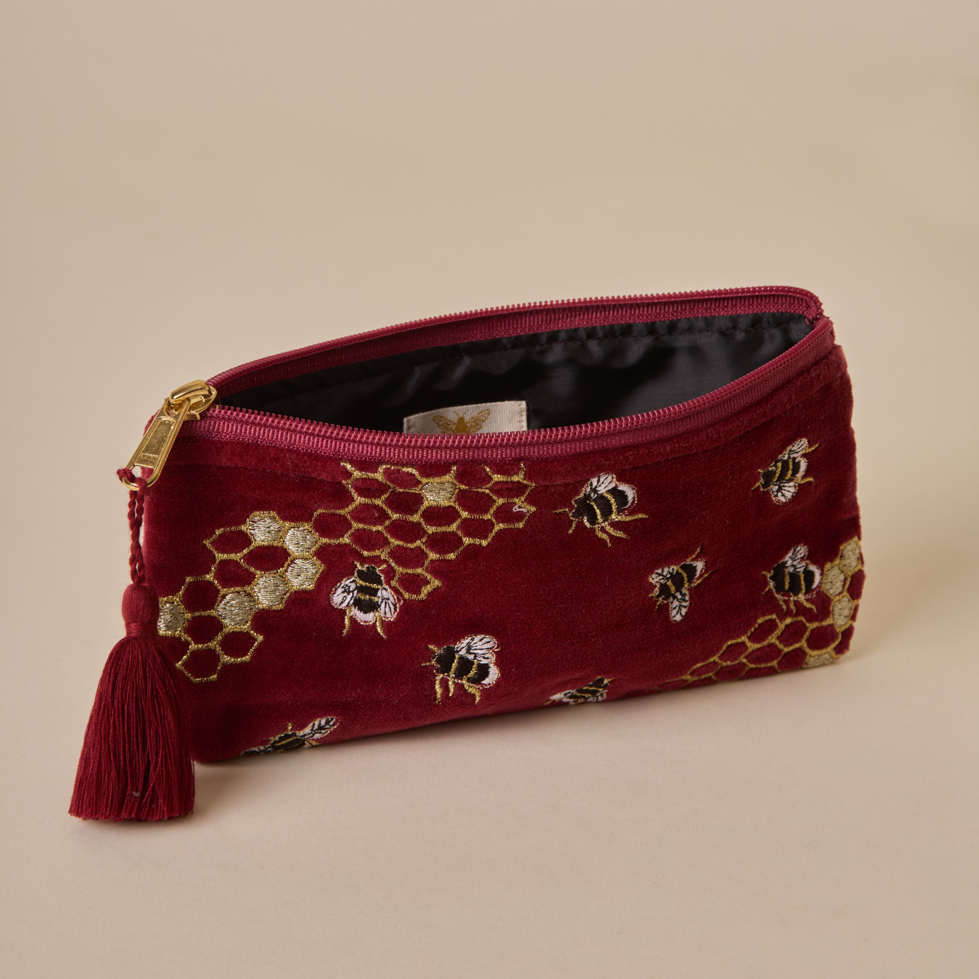 Embroidered Bumble Bee Maroon Velvet Pencil Pouch