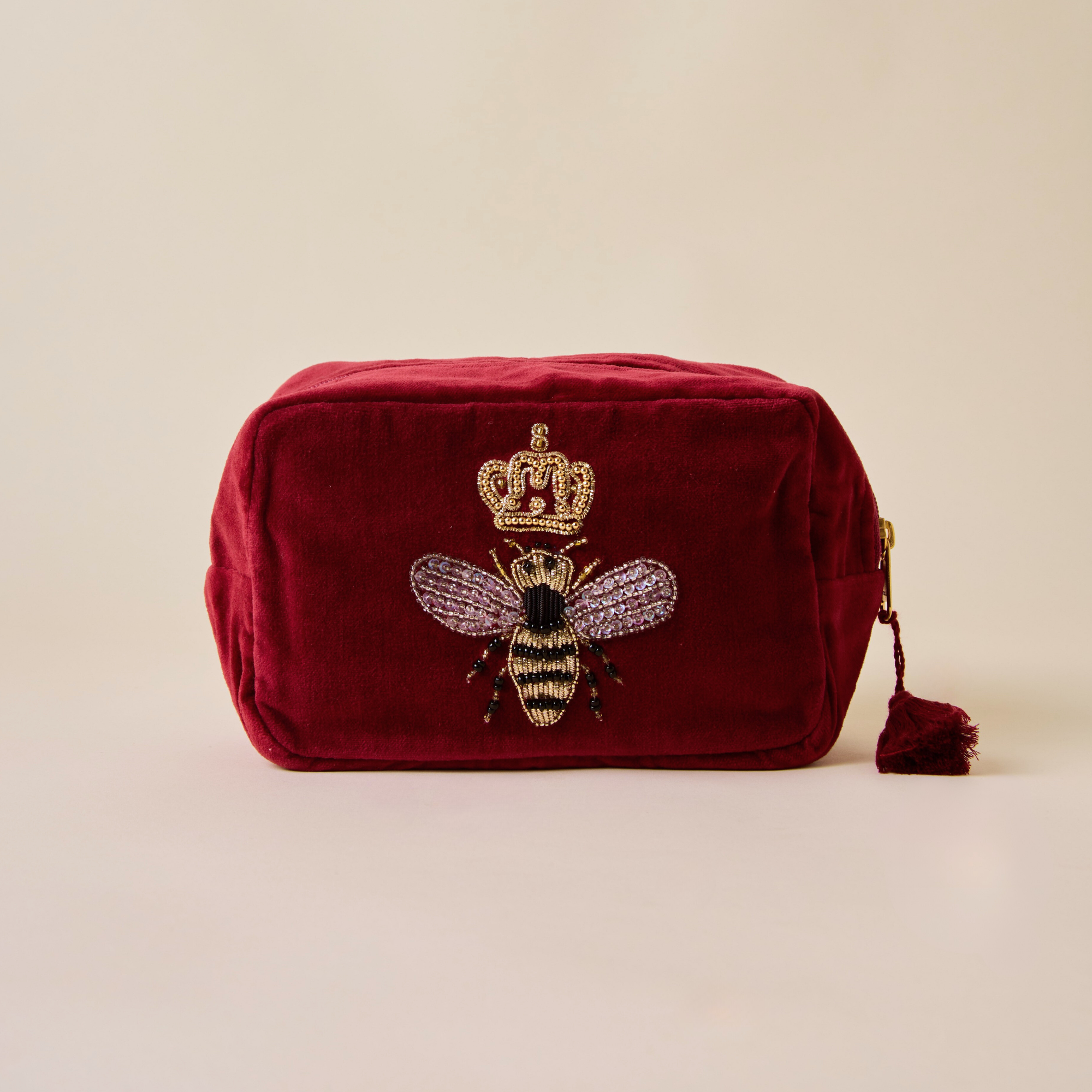 Embroidered Bumble Bee Maroon Valvet Utility Pouches - Set of 3
