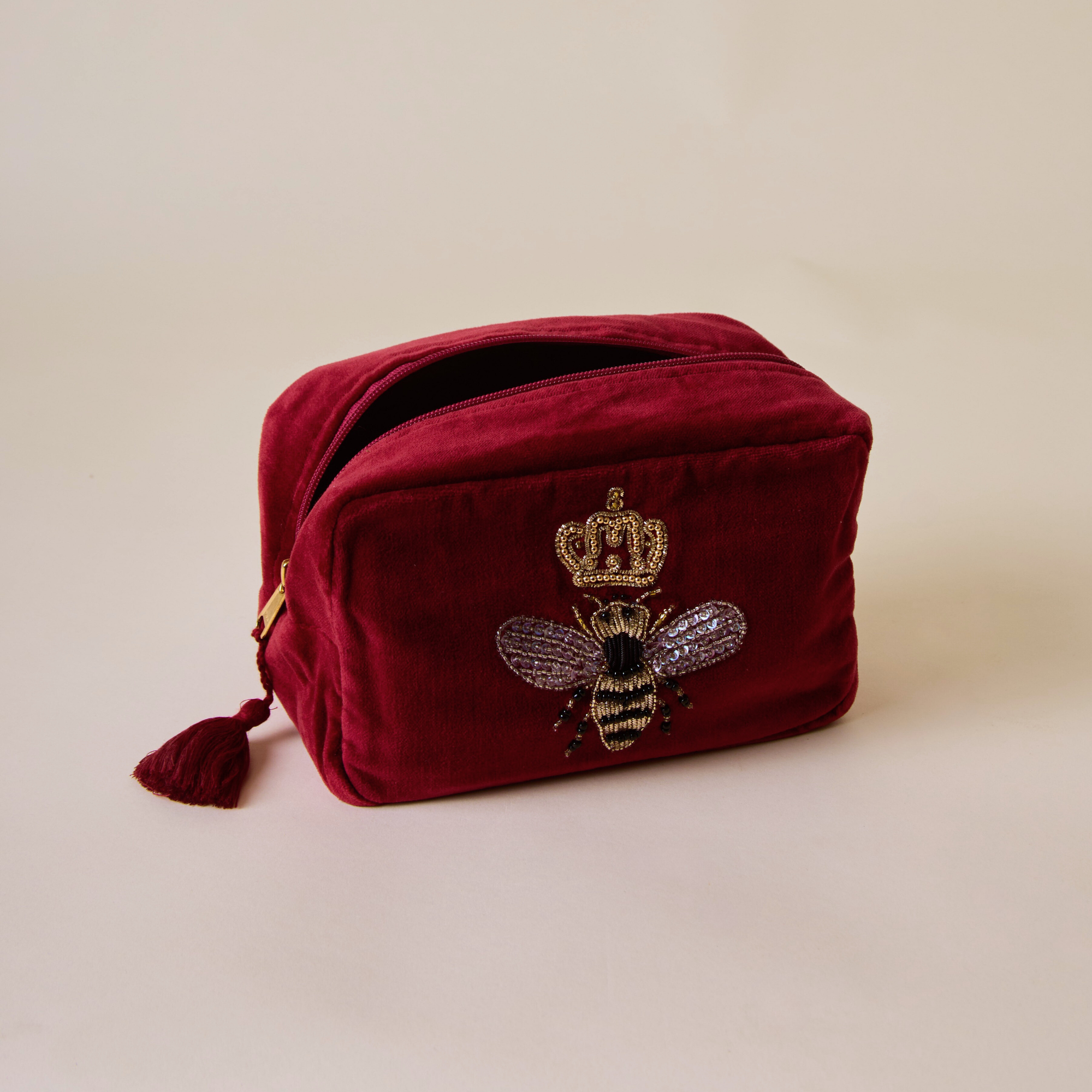Embroidered Bumble Bee Velvet Maroon Makeup Pouch
