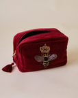 Embroidered Bumble Bee Velvet Maroon Makeup Pouch
