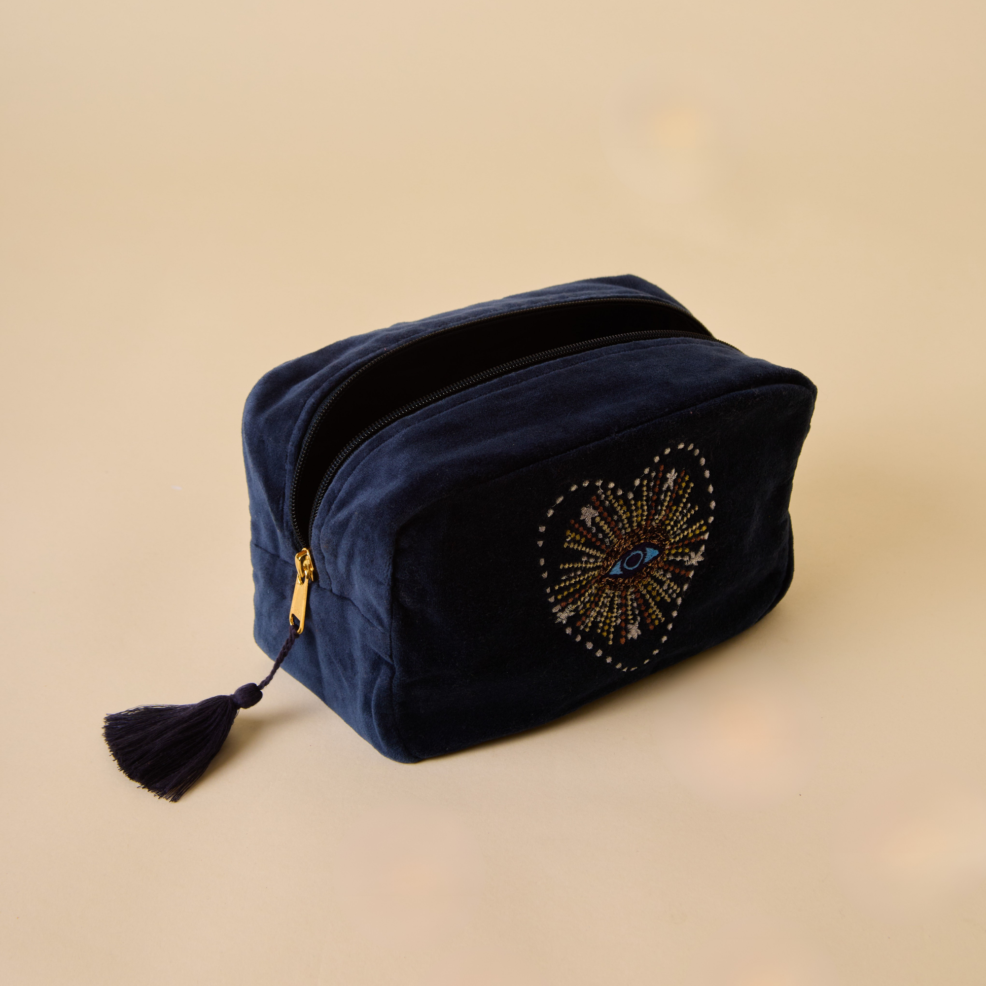 Embroidered Evil Eye Navy Blue Velvet Makeup Pouch