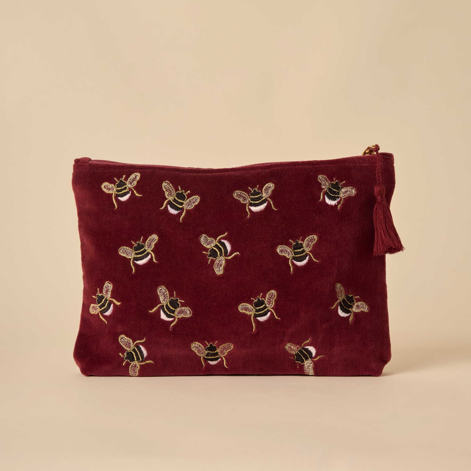 Embroidered Bumble Bee Maroon Valvet Utility Pouches - Set of 3