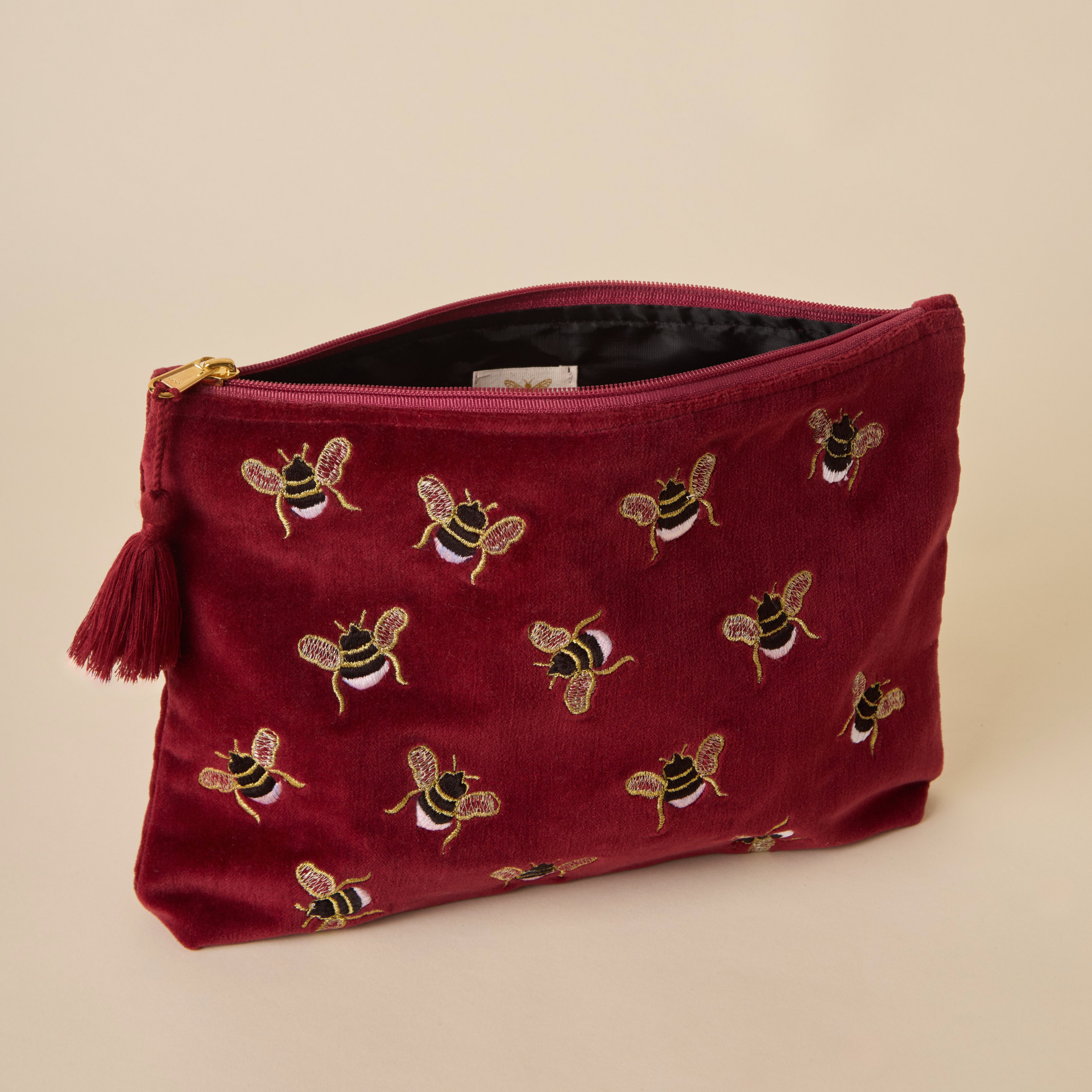 Embroidered Bumble Bee Maroon Velvet Travel Pouch