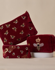 Embroidered Bumble Bee Maroon Valvet Utility Pouches - Set of 3