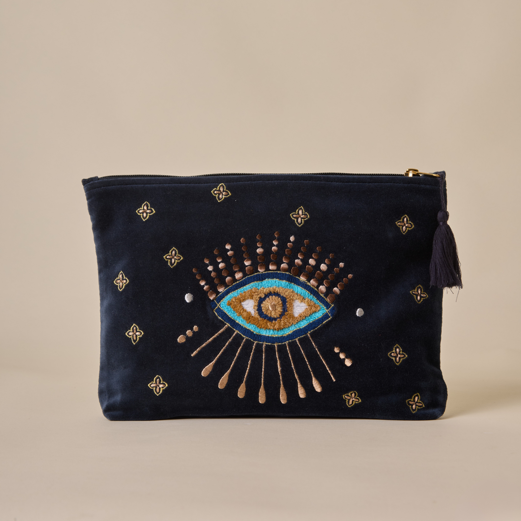Embroidered Evil Eye Navy Blue Velvet Utility Pouches - Set of 3