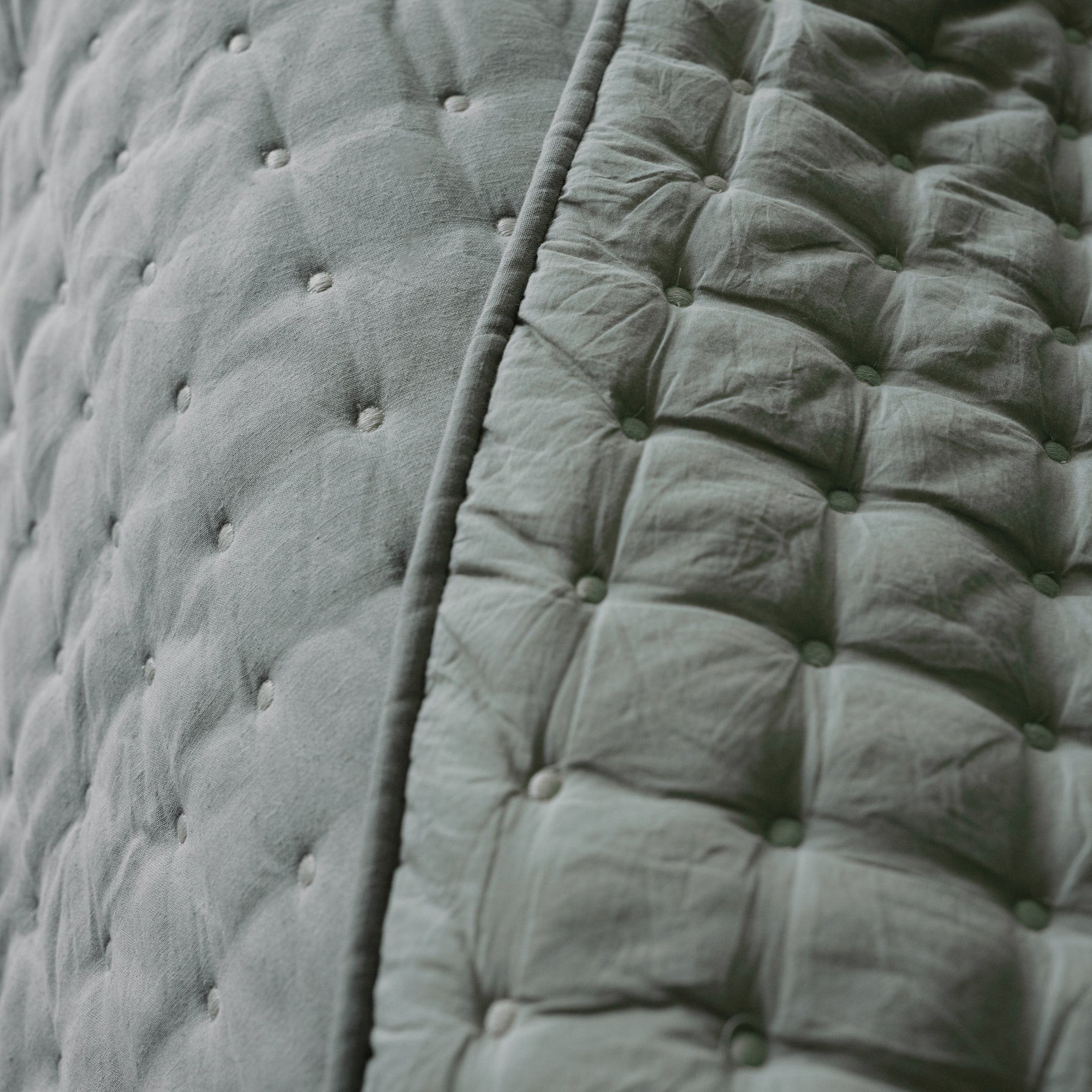 Pale Green Quilted Stitch Cotton Linen Bedspread