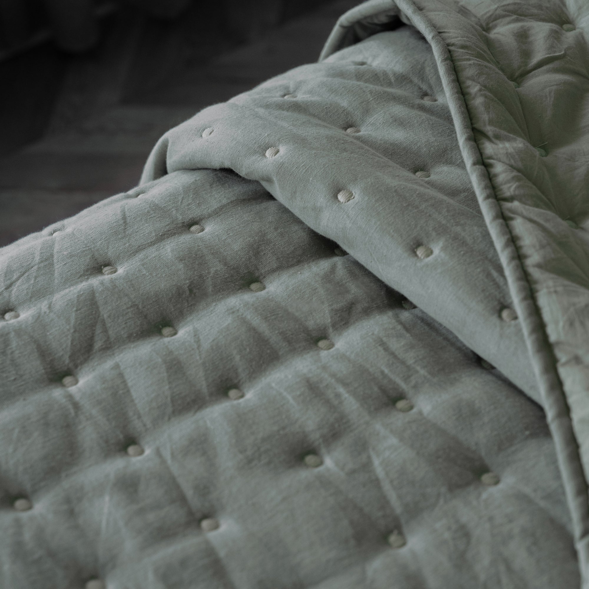 Pale Green Quilted Stitch Cotton Linen Bedspread