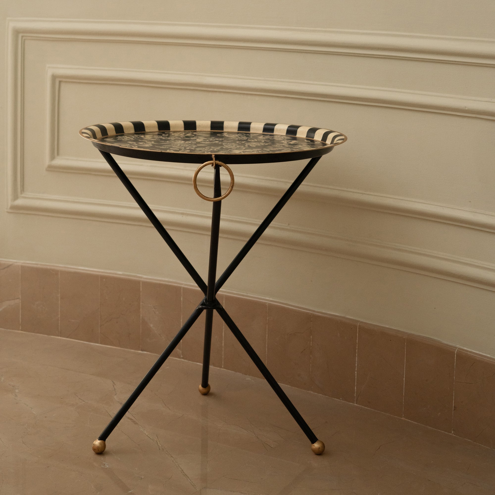 Peony Black Hand-Painted Round Metal Tray with Attached Stand
