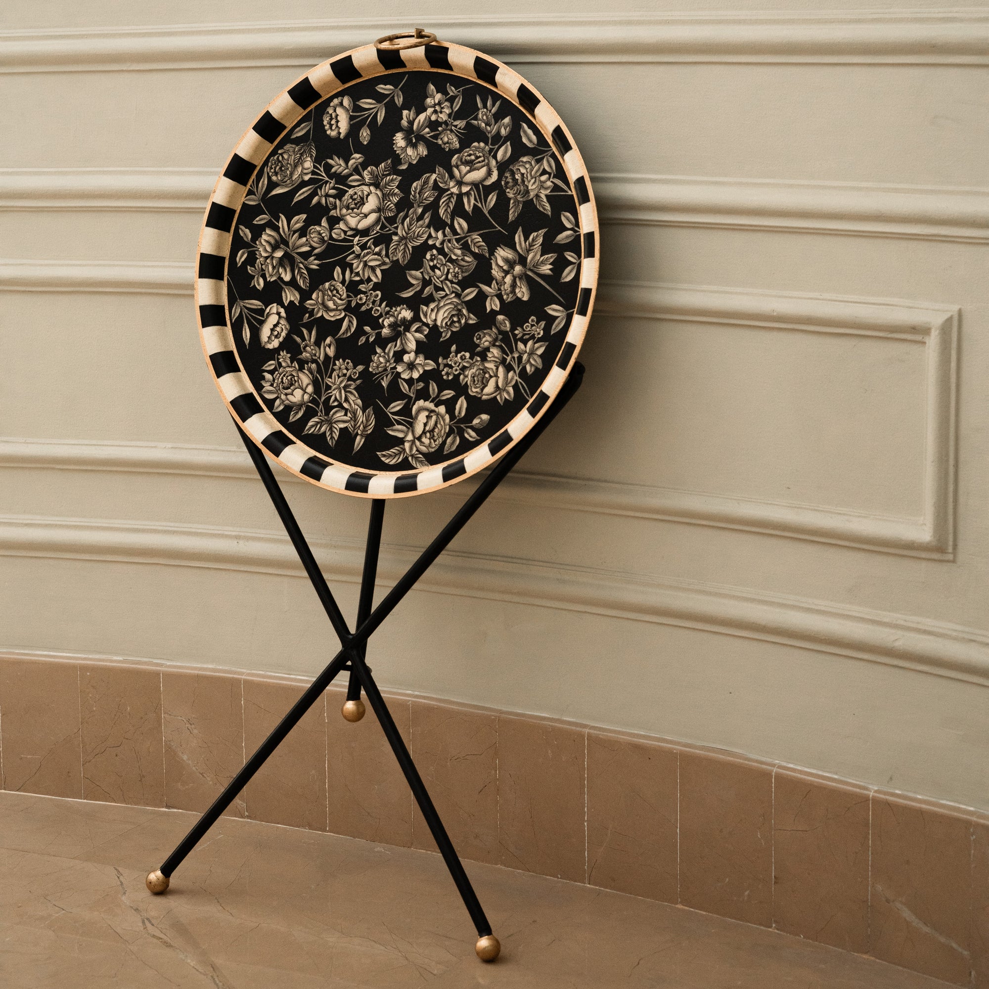 Peony Black Hand-Painted Round Metal Tray with Attached Stand