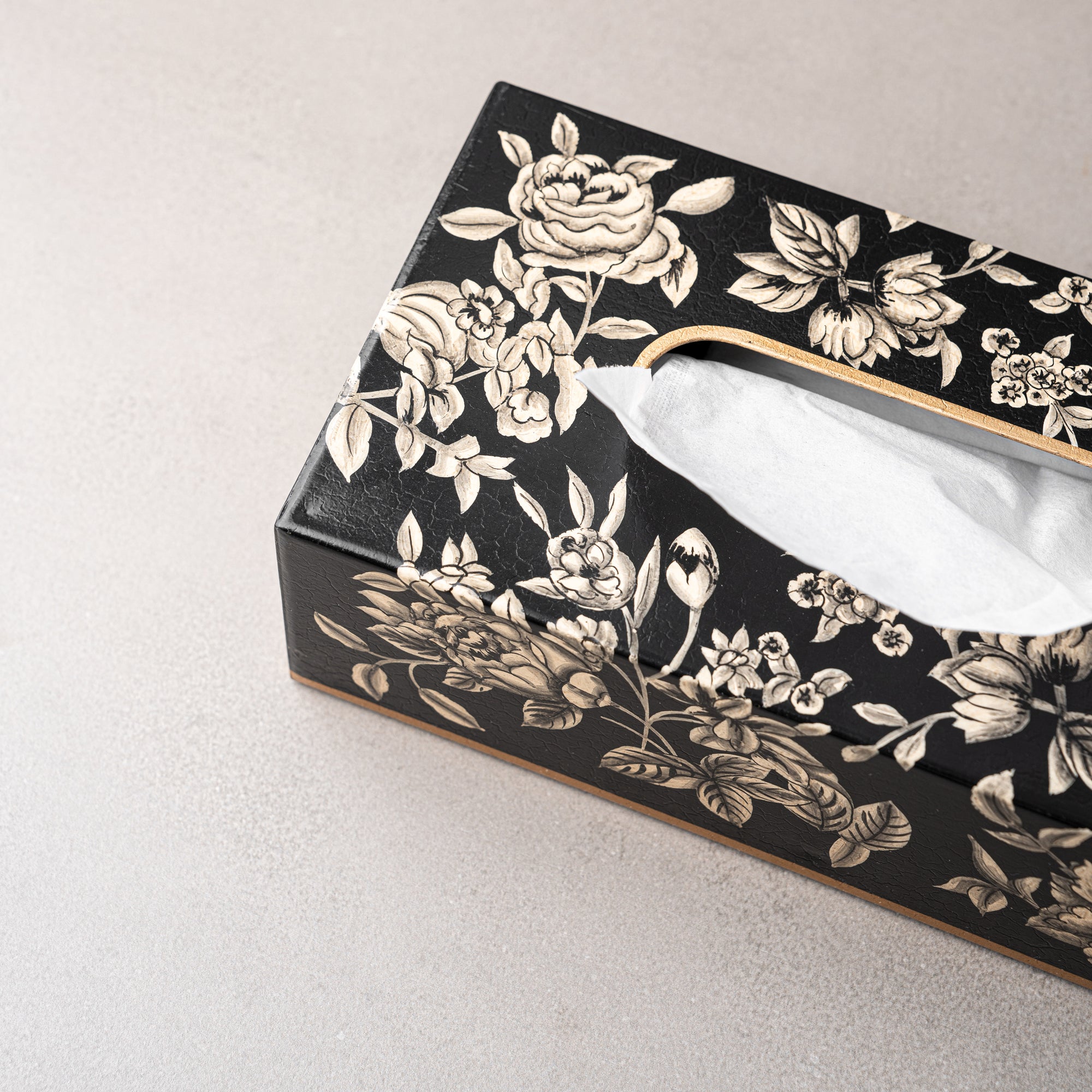 Peony Black Hand-Painted Rectangular Metal Tissue Box Cover
