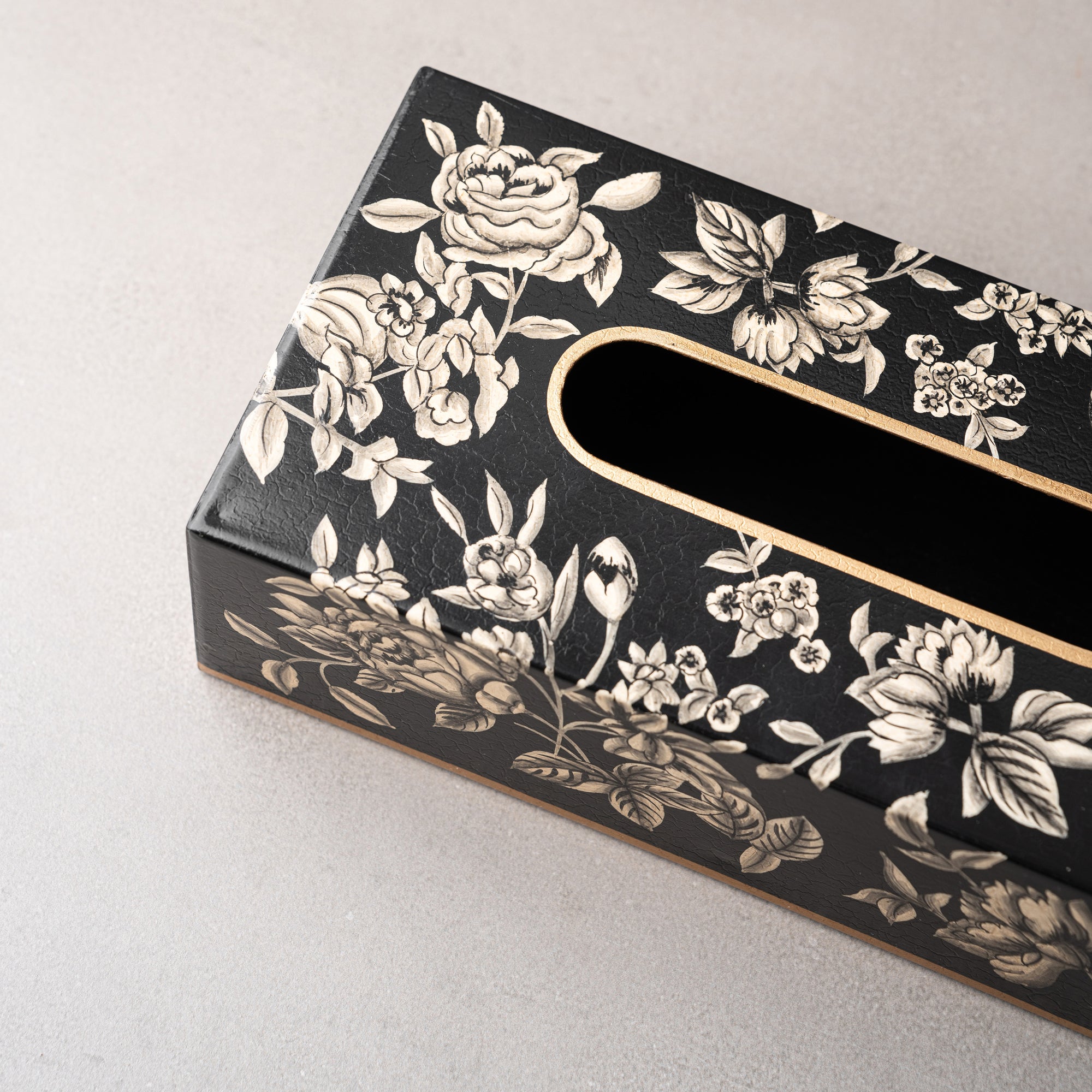 Peony Black Hand-Painted Rectangular Metal Tissue Box Cover