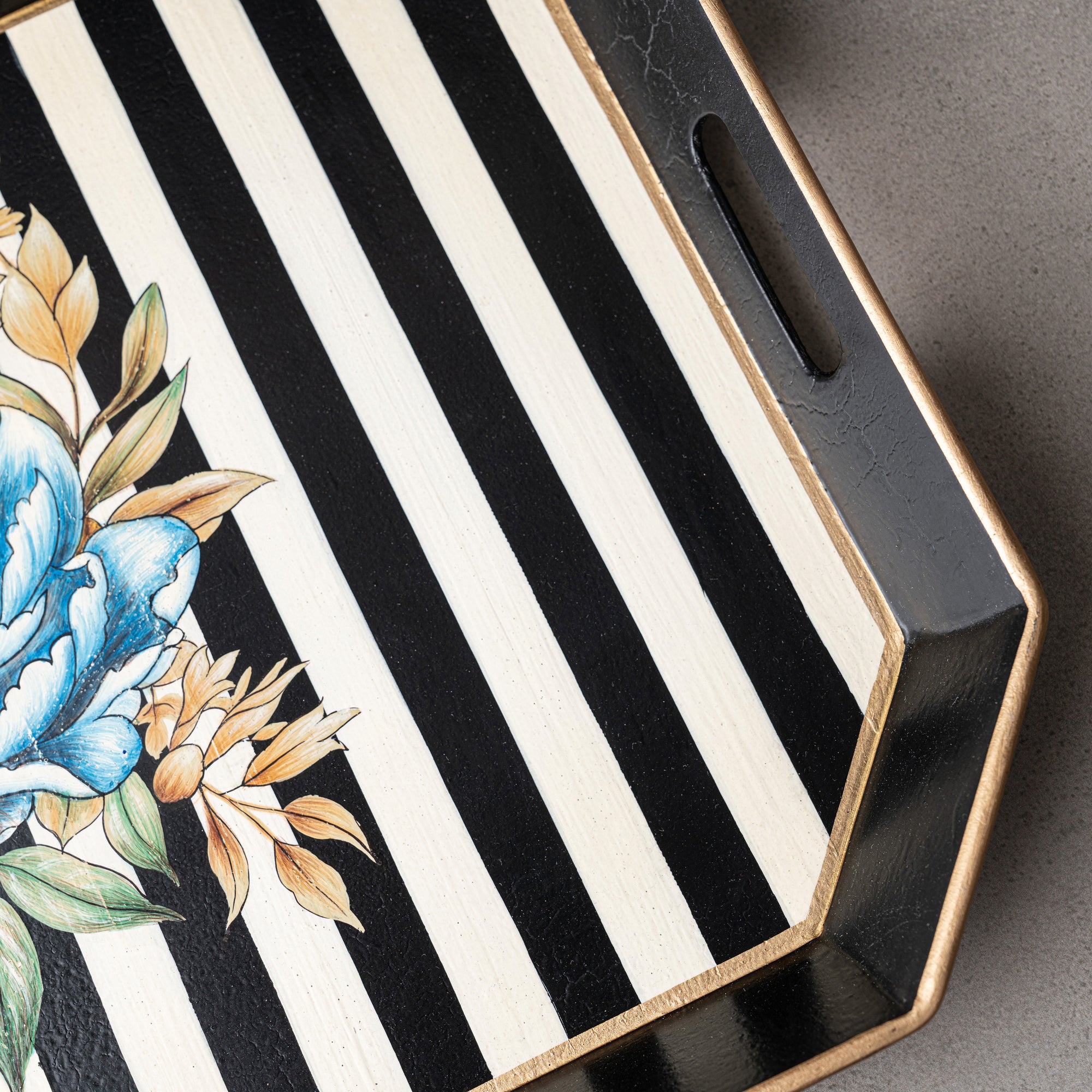 Peony Hand-Painted Floral Blue Motif Black &amp; White Striped Metal Serving Tray
