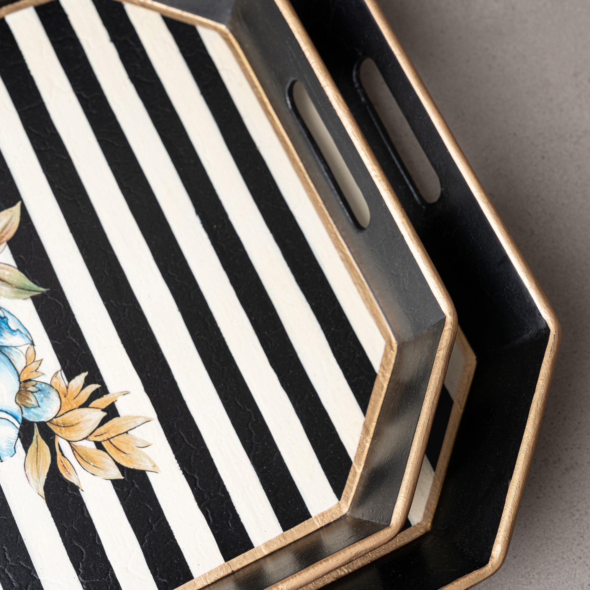 Peony Hand-Painted Floral Blue Motif Black &amp; White Striped Metal Serving Tray