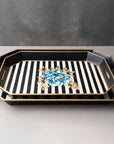 Peony Hand-Painted Floral Blue Motif Black & White Striped Metal Serving Tray