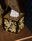 Peony Black Hand-Painted Square Metal Tissue Box Cover